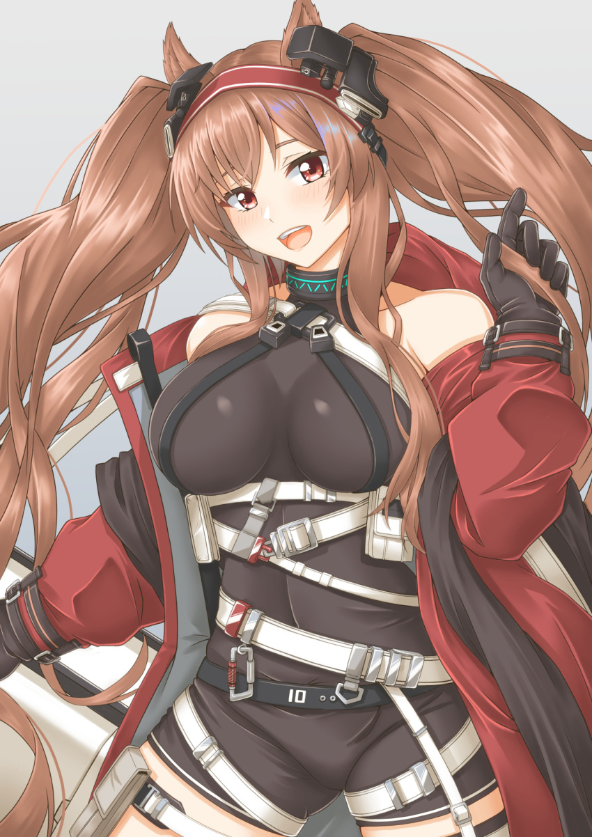 angelina_(arknights) angelina_(distinguished_visitor)_(arknights) animal_ears arknights belt black_gloves black_leotard breasts brown_eyes brown_hair coat cowboy_shot earpiece female fox_ears fox_girl gloves gradient_background grey_background hair_between_eyes hairband headgear highres holding holding_staff infection_monitor_(arknights) jacket leotard long_sleeves looking_at_viewer medium_breasts off_shoulder official_alternate_costume open_clothes open_coat open_mouth red_coat red_hairband red_jacket sano_souichi smile solo staff striped_clothes striped_hairband thigh_strap twintails two-tone_hairband white_belt