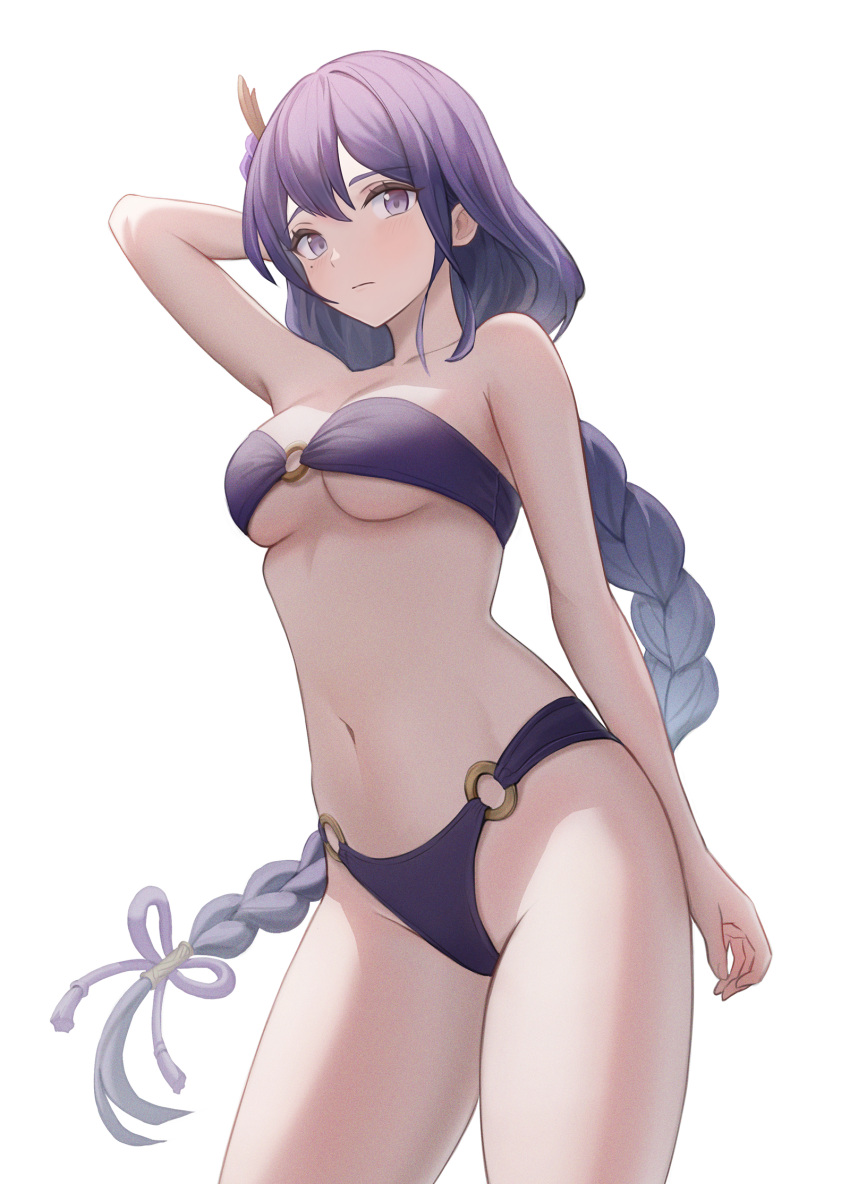 arm_at_side arm_behind_head arm_up armpits bandeau bare_arms bare_legs bare_shoulders bikini black_bikini blush braid breasts cleavage closed_mouth commentary_request contrapposto cowboy_shot female flower genshin_impact geomissword groin hair_between_eyes hair_flower hair_ornament highres long_hair looking_at_viewer low-braided_long_hair low-tied_long_hair medium_breasts mole mole_under_eye navel o-ring o-ring_bikini o-ring_swimsuit o-ring_top purple_bikini purple_eyes purple_hair raiden_shogun simple_background single_braid stomach strapless strapless_bikini swimsuit very_long_hair white_background