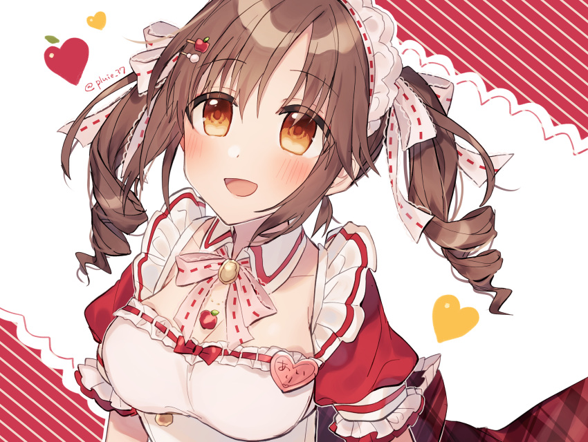 :d bad_id bad_pixiv_id blush bow breasts brown_eyes brown_hair cleavage collar collarbone commentary_request detached_collar diagonal_stripes drill_hair female hair_between_eyes hairbow highres idolmaster idolmaster_cinderella_girls idolmaster_cinderella_girls_starlight_stage looking_at_viewer medium_breasts minamiya_mia open_mouth puffy_short_sleeves puffy_sleeves ribbon_trim shirt short_sleeves smile solo striped striped_background totoki_airi twin_drills twintails twitter_username white_collar white_shirt wing_collar