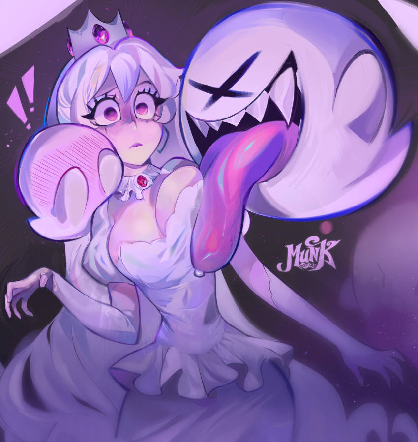 absurdres boo_(mario) breasts cleavage collar collar_jewel crown dress female frilled_collar frilled_dress frills ghost gloves hair_between_eyes highres large_breasts licking licking_breast long_hair luigi's_mansion mario_(series) mulemount pale_skin princess_king_boo purple_eyes sharp_teeth short_sleeves teeth tongue tongue_out very_long_hair white_dress white_gloves white_hair