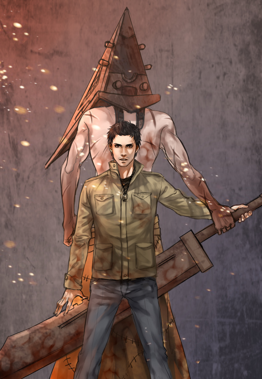 2boys absurdres alex_shepherd anderain apron back-to-back blood blood_on_clothes brown_hair denim embers great_knife helmet highres jeans male_focus monster multiple_boys muscular muscular_male pants pyramid_head scar silent_hill:_homecoming silent_hill_(series) sword weapon