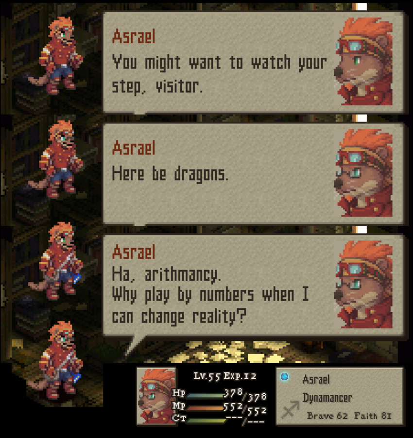 4_arms 4_pecs anthro armor asrael_zogendral bandana book digital_media_(artwork) english_text eyewear eyewear_on_head facial_hair final_fantasy final_fantasy_tactics glasses goatee goggles goggles_on_head hair hi_res kerchief leather leather_armor mammal mane mane_hair membrane_(anatomy) multi_arm multi_limb multi_pecs mustelid otter pecs pixel_(artwork) ramzawolf red_facial_hair red_hair satchel sprite_art square_enix style_emulation tail text thick_tail tinted_glasses webbed_hands whiskers