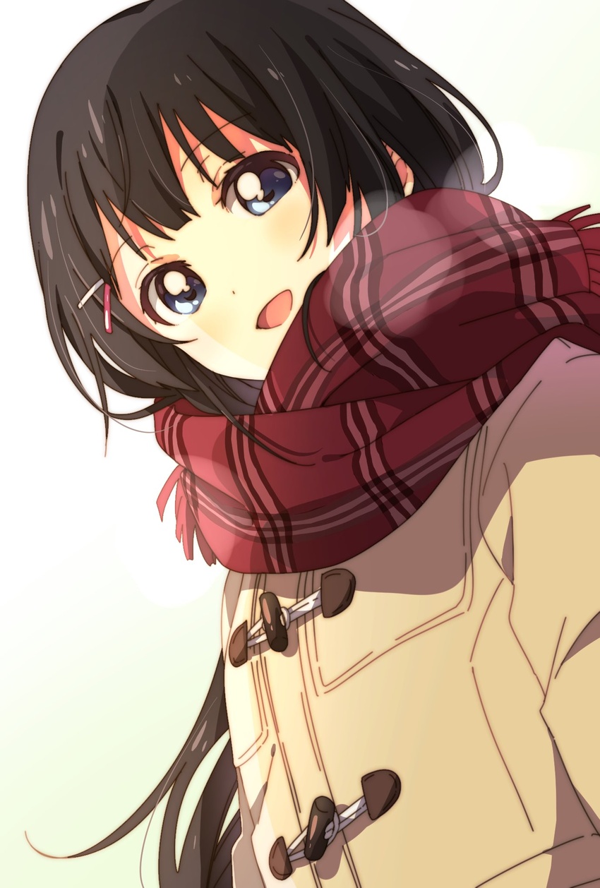 :d black_hair blue_eyes breath brown_coat coat commentary duffel_coat enpera female hair_ornament hairclip highres long_hair long_sleeves looking_at_viewer namori nijisanji open_mouth plaid plaid_scarf red_scarf scarf simple_background smile solo tsukino_mito tsukino_mito_(6th_costume) virtual_youtuber white_background winter_clothes winter_coat