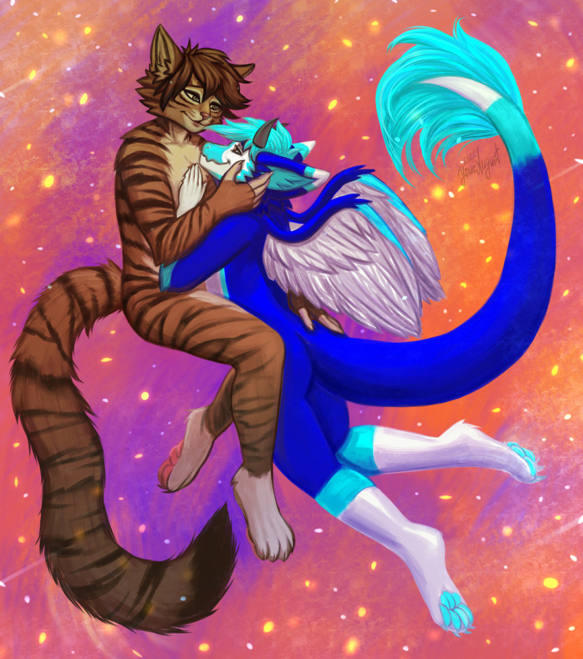 anthro domestic_cat dragon duo felid feline felis hi_res hug male male/male mammal mythological_creature mythological_scalie mythology scalie tail youraugust