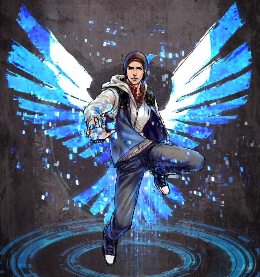 1boy anderain beanie blue_wings brown_hair delsin_rowe digital_dissolve energy_wings floating hat highres hood hoodie infamous infamous_second_son male_focus solo wings