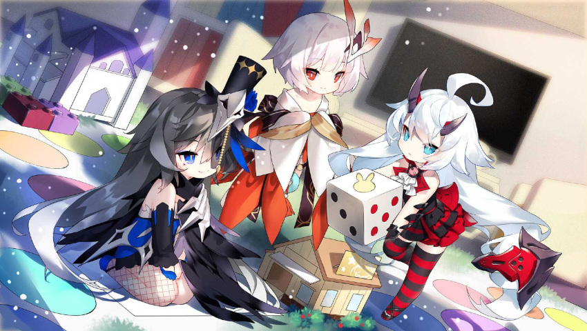 3girls bare_shoulders black_dress black_hair black_headwear black_sleeves blood_embrace blue_gloves chalkboard chinese_clothes closed_mouth dice dress fishnet_legwear fishnets floating gloves hat highres holding honkai_(series) honkai_impact_3rd horns indoors jingwei's_wings long_hair multiple_girls official_art red_dress red_eyes red_legwear second-party_source seiza selune's_elegy short_hair single_thighhigh sitting sleeveless sleeveless_dress smile standing standing_on_one_leg striped_clothes striped_thighhighs thighhighs white_dress white_hair