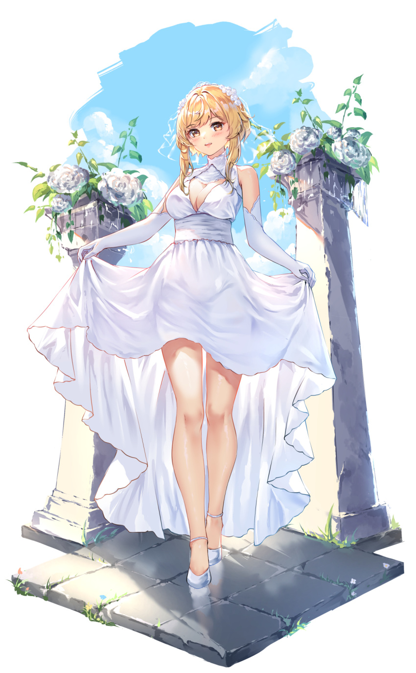 bare_shoulders blonde_hair blue_sky blush breasts brown_eyes chahei cleavage cloud commentary_request day dress elbow_gloves female flower full_body genshin_impact gloves hair_flower hair_ornament highres long_hair looking_at_viewer lumine_(genshin_impact) medium_breasts see-through shoes sidelocks skirt_hold sky sleeveless sleeveless_dress solo standing veil wedding_dress white_dress white_flower white_footwear white_gloves