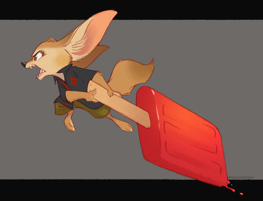 2020 anthro canid canine clothed clothing disney fennec_fox finnick_(zootopia) fox fully_clothed fur holding_object improvised_weapon letterbox mammal nyaasu open_mouth shirt simple_background solo tan_body tan_fur topwear true_fox zootopia