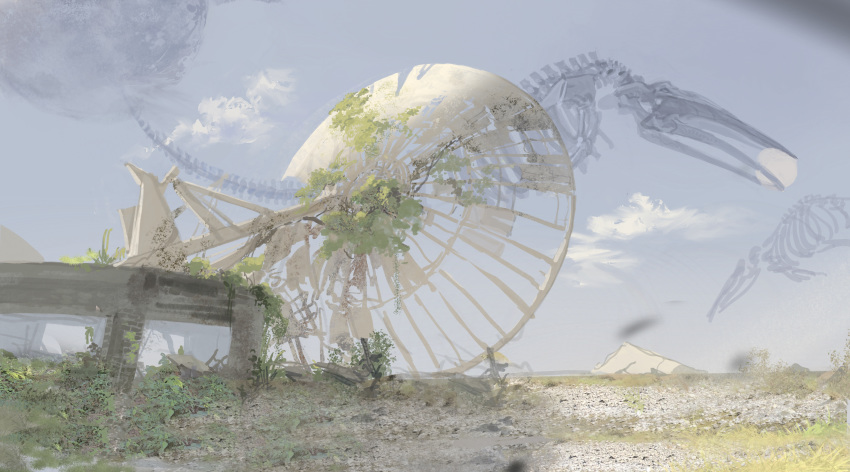 absurdres animal_skeleton blue_sky cloak cloud day grass highres kurikabacha moon moss mountain no_humans original outdoors planet ruins scenery skeleton sky