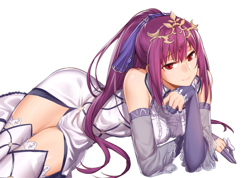 dress fate/grand_order fate_(series) long_hair onceskylark ponytail purple_hair red_eyes scathach_(fate/grand_order) white