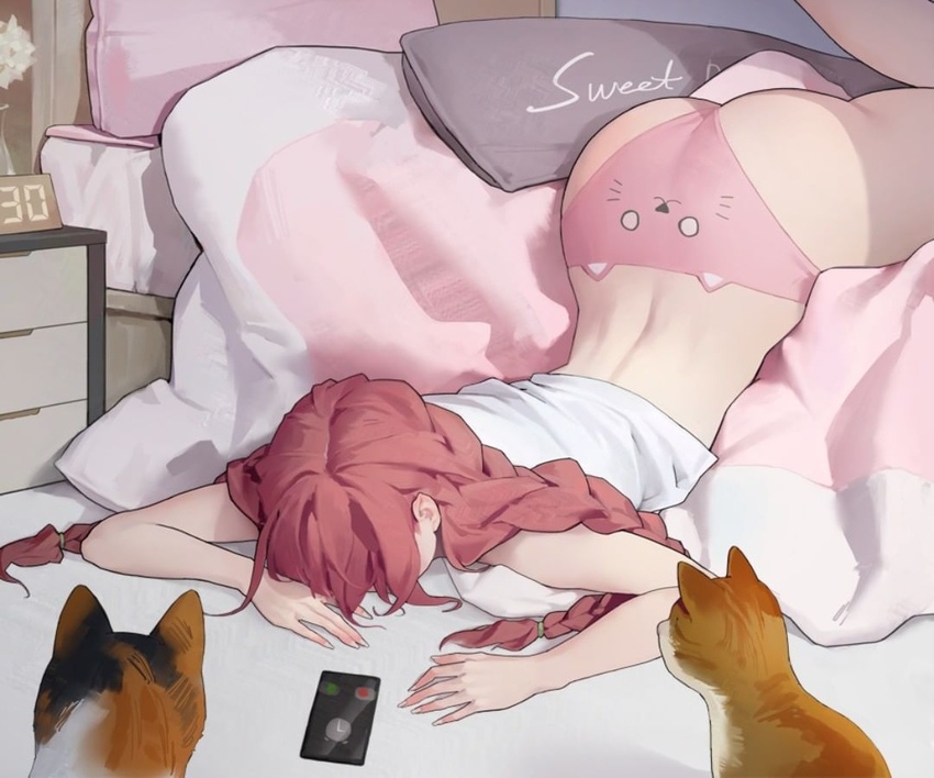 alarm_clock animal animal_print ass back-print_panties bad_id bad_instagram_id bare_arms bed braid cat_ear_panties cat_print cellphone clock dongho_kang faceplant feline female hidden_face indoors long_hair midriff no_pants on_bed original panties phone pillow pink_hair pink_panties print_panties red_hair resized shirt solo top-down_bottom-up underwear upscaled white_shirt