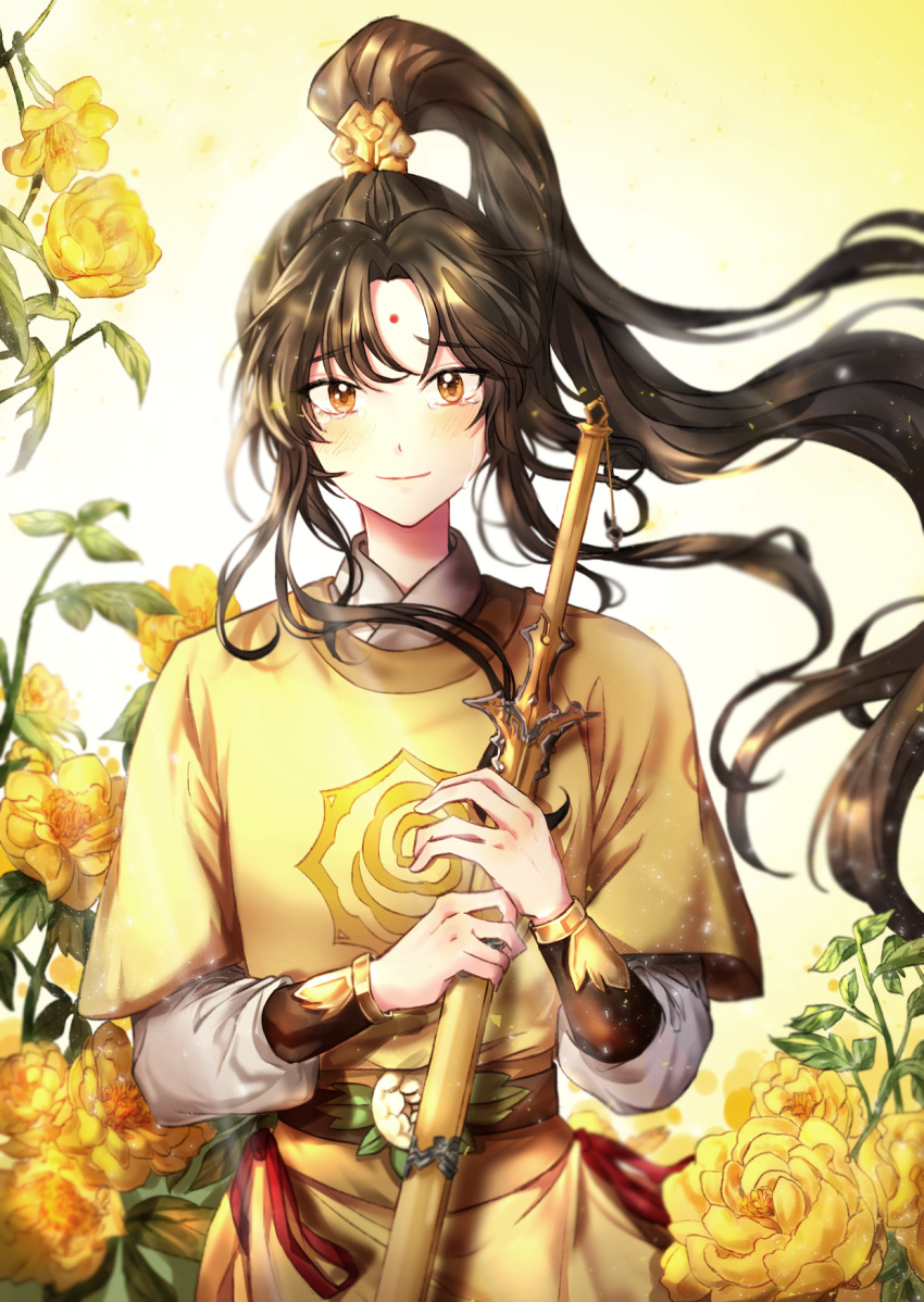 1boy bindi brown_eyes facial_mark flower forehead_mark highres jin_ling long_hair long_sleeves looking_at_viewer male_focus modao_zushi outdoors parted_bangs ponytail solo sr_illust standing upper_body yellow_flower yuanlingshan