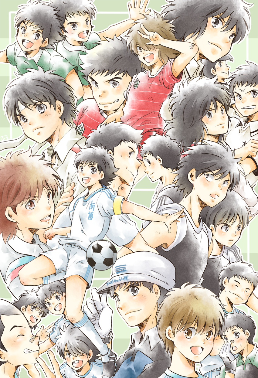 6+boys annotated ball black_hair brown_hair captain_tsubasa commentary_request gloves hat highres hiro_(minorstar) hyuuga_kojirou ishizaki_ryou izawa_mamoru jitou_hiroshi kishida_takeshi kisugi_teppei long_hair male_focus matsuyama_hikaru misaki_tarou misugi_jun morisaki_yuuzou multiple_boys nitta_shun oozora_tsubasa painttool_sai_(medium) sano_mitsuru sawada_takeshi short_hair shorts soccer soccer_ball soccer_uniform sorimachi_kazuki souda_makoto sportswear tachibana_kazuo tachibana_masao takasugi_shingou taki_hajime telstar urabe_hanji wakabayashi_genzou wakashimazu_ken