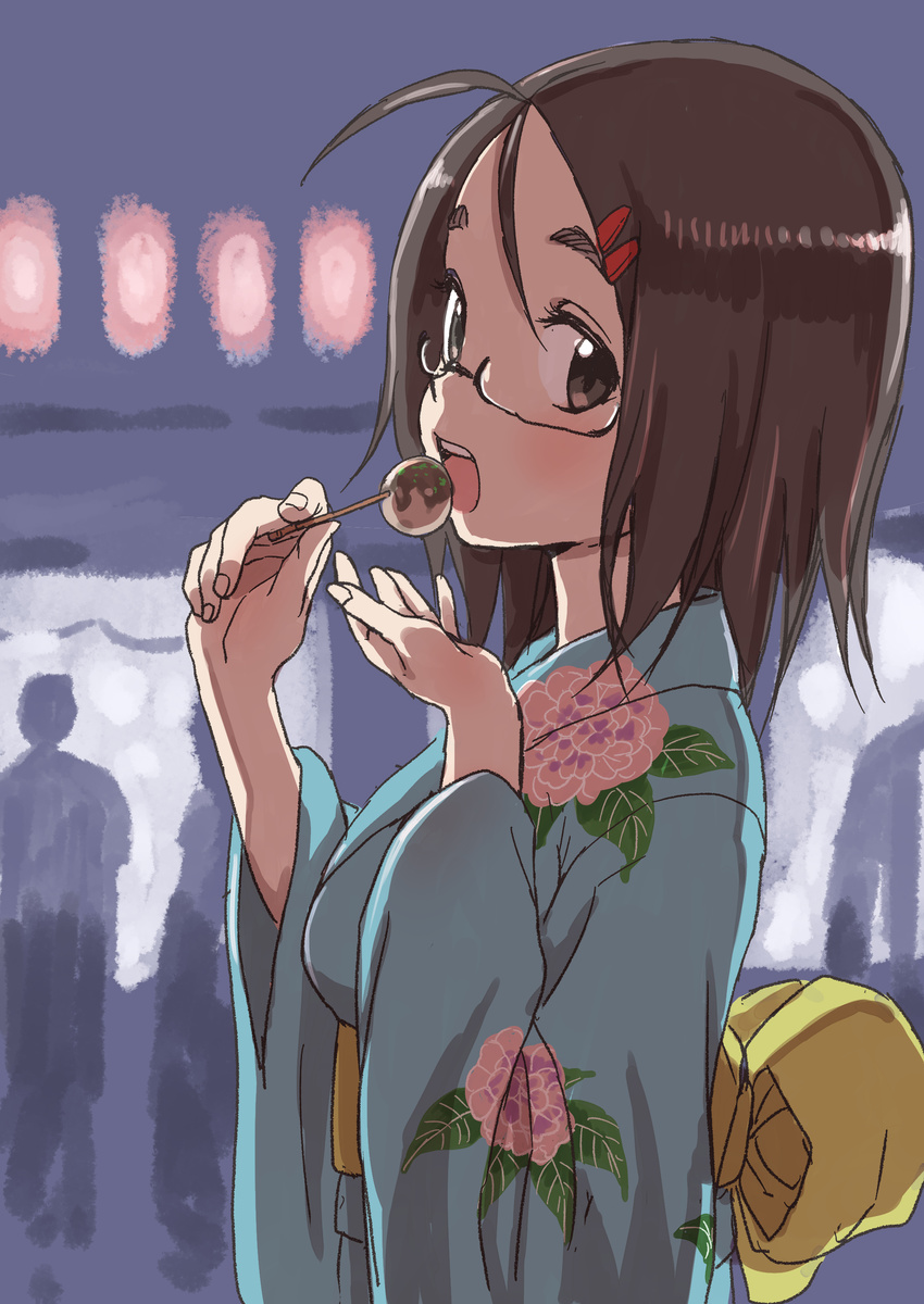 absurdres brown_eyes brown_hair commentary_request eating eyebrows female floral_print food from_side fudatsuki_no_kyouko-chan glasses hair_between_eyes hair_ornament hairclip hand_to_own_mouth hibino_haruka highres japanese_clothes kimono looking_at_viewer looking_to_the_side night obi open_mouth parted_bangs sash short_hair solo takoyaki toothpick upper_body yamamoto_souichirou yukata