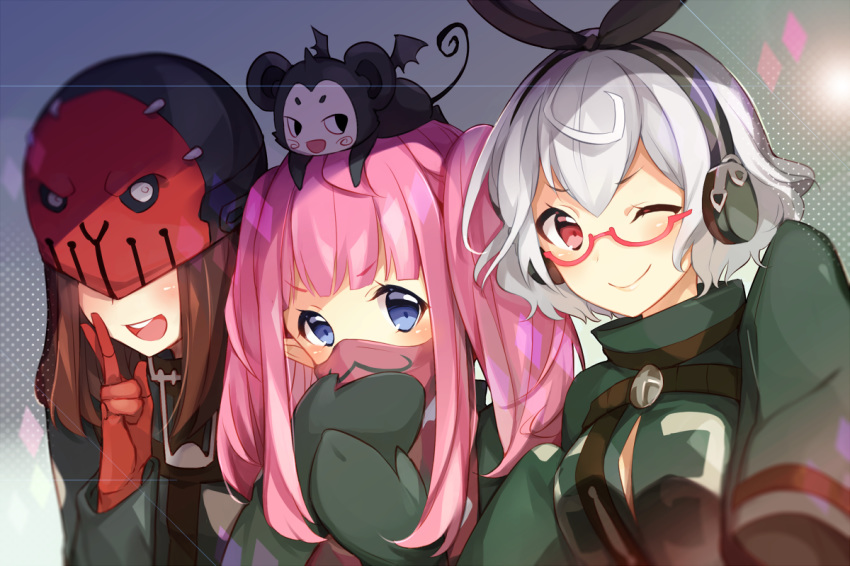 3girls :d ;) black_ribbon blue_eyes blush breasts brown_hair closed_mouth commentary_request creature glasses gloves green_jacket green_mittens guru_(last_period) hair_between_eyes hair_ribbon headphones helmet iwazaru_(last_period) jacket kikazaru_(last_period) last_period leafwow long_hair long_sleeves looking_at_viewer mask medium_breasts mittens mizaru_(last_period) mouth_mask multiple_girls ninja_mask on_head one_eye_closed open_mouth pink_hair pointy_ears red-framed_eyewear red_eyes red_gloves ribbon semi-rimless_eyewear sidelocks sleeves_past_fingers sleeves_past_wrists smile teeth twintails under-rim_eyewear upper_teeth_only v white_hair