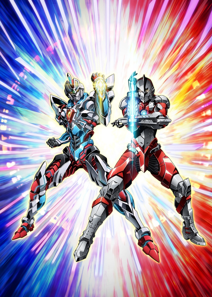 2boys armor clenched_hand commentary_request company_connection crossover glowing glowing_eyes gridman_(ssss) gridman_universe highres multiple_boys mutaguchi_hiroki official_art orb pose shoulder_armor ssss.gridman ultra_beam ultra_series ultraman ultraman_(hero's_comics) ultraman_suit yellow_eyes