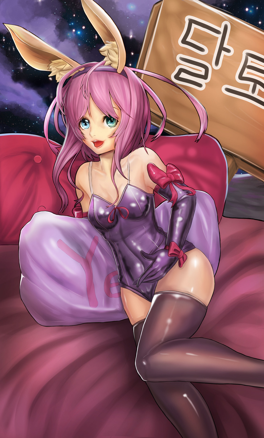 absurdres animal_ears bad_id bad_pixiv_id bed blue_eyes elbow_gloves fake_animal_ears female gloves hairband highres leotard long_hair lying moonbo on_side open_mouth original pillow playboy_bunny purple_hair rabbit_ears smile solo thighhighs yes yes-no_pillow