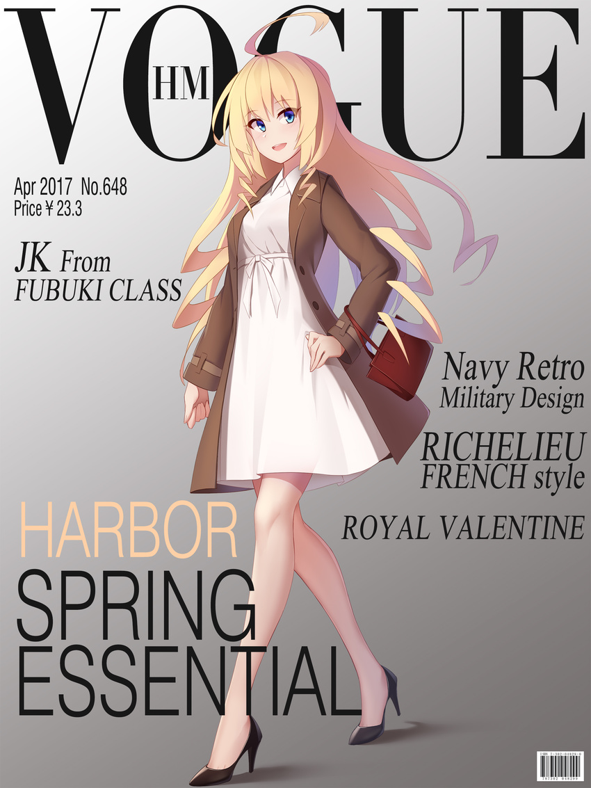 absurdres ahoge alternate_costume arnold-s bad_id bad_pixiv_id bag barcode bare_legs black_footwear blonde_hair blue_eyes brown_coat clenched_hand coat cover dress drill_hair english_text fake_cover fake_magazine_cover fashion female gradient_background grey_background hand_on_own_hip handbag high_heels highres isbn long_hair long_sleeves looking_at_viewer magazine_cover no_legwear open_mouth photoshop_(medium) sash shoes smile solo toe_cleavage vogue_(magazine) walking warship_girls_r white_dress wichita_(warship_girls_r)