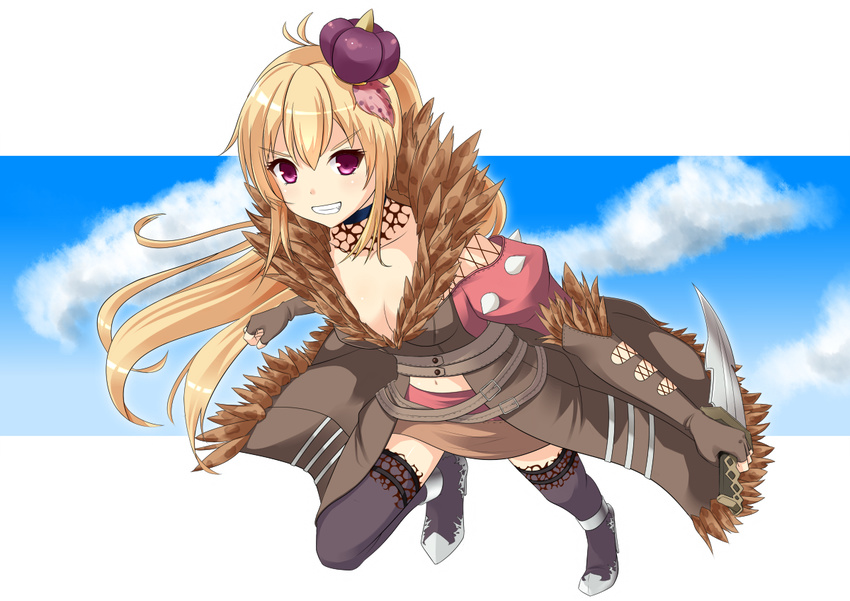 >:) antenna_hair blonde_hair breasts cleavage commentary_request elbow_gloves female fingerless_gloves gloves grin hair_ornament holding knife kurohachiboku long_hair looking_at_viewer navel purple_eyes ragnarok_online running shadow_chaser_(ragnarok_online) small_breasts smile solo v-shaped_eyebrows