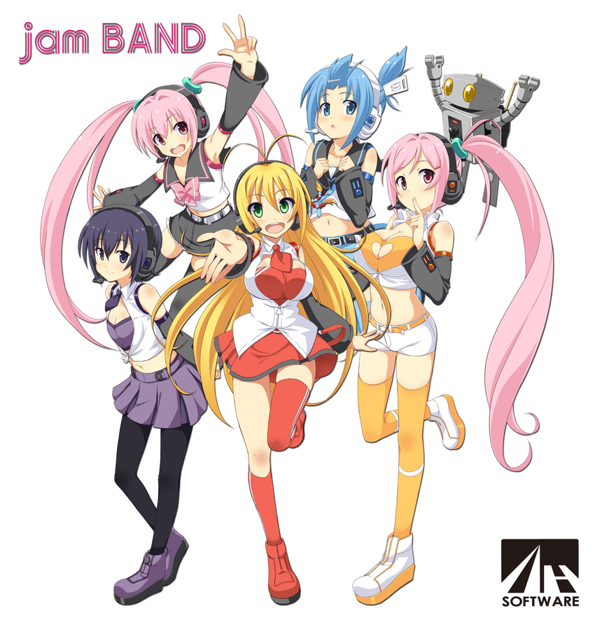 5girls :d amane_kana antenna_hair arm_up black_hair black_legwear black_necktie black_skirt blonde_hair blue_eyes blue_hair breasts cleavage cleavage_cutout clothing_cutout collarbone commentary_request crop_top detached_sleeves finger_to_mouth green_eyes hair_between_eyes hair_ornament headphones heart_cutout highres index_finger_raised jam_band large_breasts leaning_forward leg_up long_hair looking_at_viewer microphone midriff miniskirt mitarashi_marie multiple_girls navel necktie open_mouth outstretched_arm pantyhose parted_lips pink_eyes pink_hair pleated_skirt ponytail purple_skirt red_legwear red_necktie red_skirt robota shirt short_hair short_necktie short_shorts shorts side_ponytail simple_background skirt small_breasts smile standing standing_on_one_leg stomach thighhighs tied_shirt tsurumaki_maki tsutsumi_kanon tsutsumi_rizumu twintails very_long_hair voiceroid w white_background white_shorts yellow_legwear