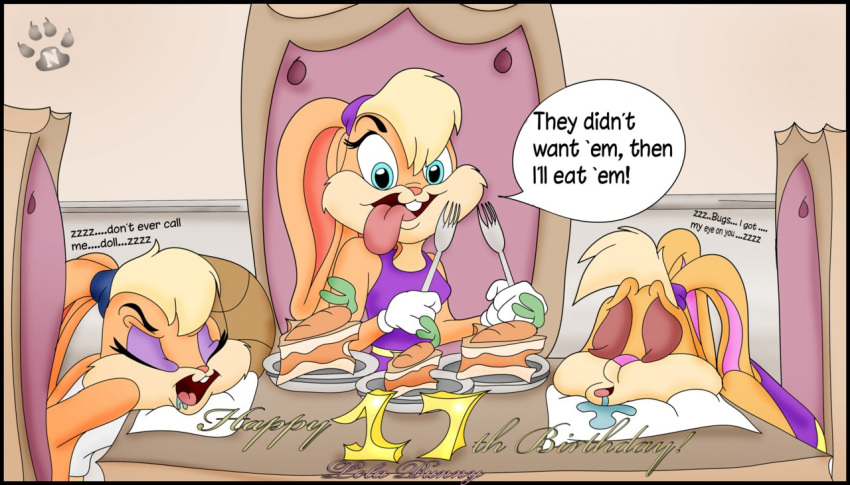 blonde_hair bodily_fluids cake carrot closed_eyes dessert drooling female food group hair lagomorph leporid lola_bunny looking_at_viewer looney_tunes mammal open_mouth pawneddyfurry pawsnfurs plant rabbit saliva sleeping space_jam the_looney_tunes_show trio vegetable warner_brothers watermark xxxfurryneddyxxx