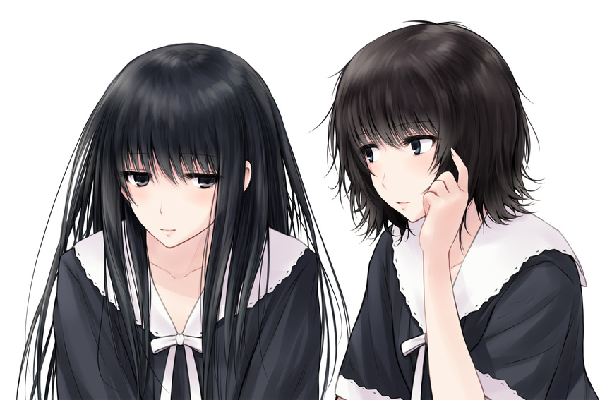 2girls black_eyes black_hair blue_eyes blush commentary_request flowers_(innocent_grey) highres long_hair looking_at_another multiple_girls school_uniform shirahane_suou short_hair suzushiro_yukari yaegaki_erika yuri