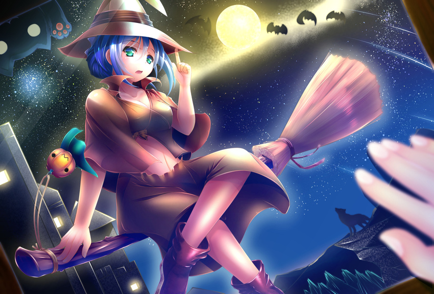 animal bat blue_hair boots feline fuuki green_eyes moon night short_hair stars tagme_(character) witch_hat wolf