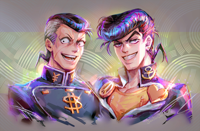 2boys anchor_symbol artist_name brooch commentary_request diamond_wa_kudakenai dollar_sign earrings facial_mark gakuran grey_hair grin heart higashikata_josuke jewelry jojo_no_kimyou_na_bouken jostarjo male_focus multicolored_hair multiple_boys nijimura_okuyasu open_mouth peace_symbol pompadour purple_hair school_uniform shiny signature smile stud_earrings two-tone_hair yen_sign zipper