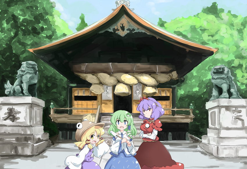 3girls architecture blonde_hair blue_eyes blue_sky breasts closed_mouth commentary_request crossed_arms day detached_sleeves east_asian_architecture frog_hair_ornament gensokyo gohei green_hair hair_ornament hair_tubes hand_up hands_up hat kikurage_(sugi222) kochiya_sanae komainu leaf_hair_ornament light_purple_hair long_skirt looking_at_viewer medium_breasts moriya_shrine moriya_suwako multiple_girls open_mouth outdoors puffy_sleeves red_eyes rope shide shimenawa skirt skirt_set sky sleeves_past_fingers sleeves_past_wrists smile snake_hair_ornament stairs standing touhou tree veranda yasaka_kanako yellow_eyes