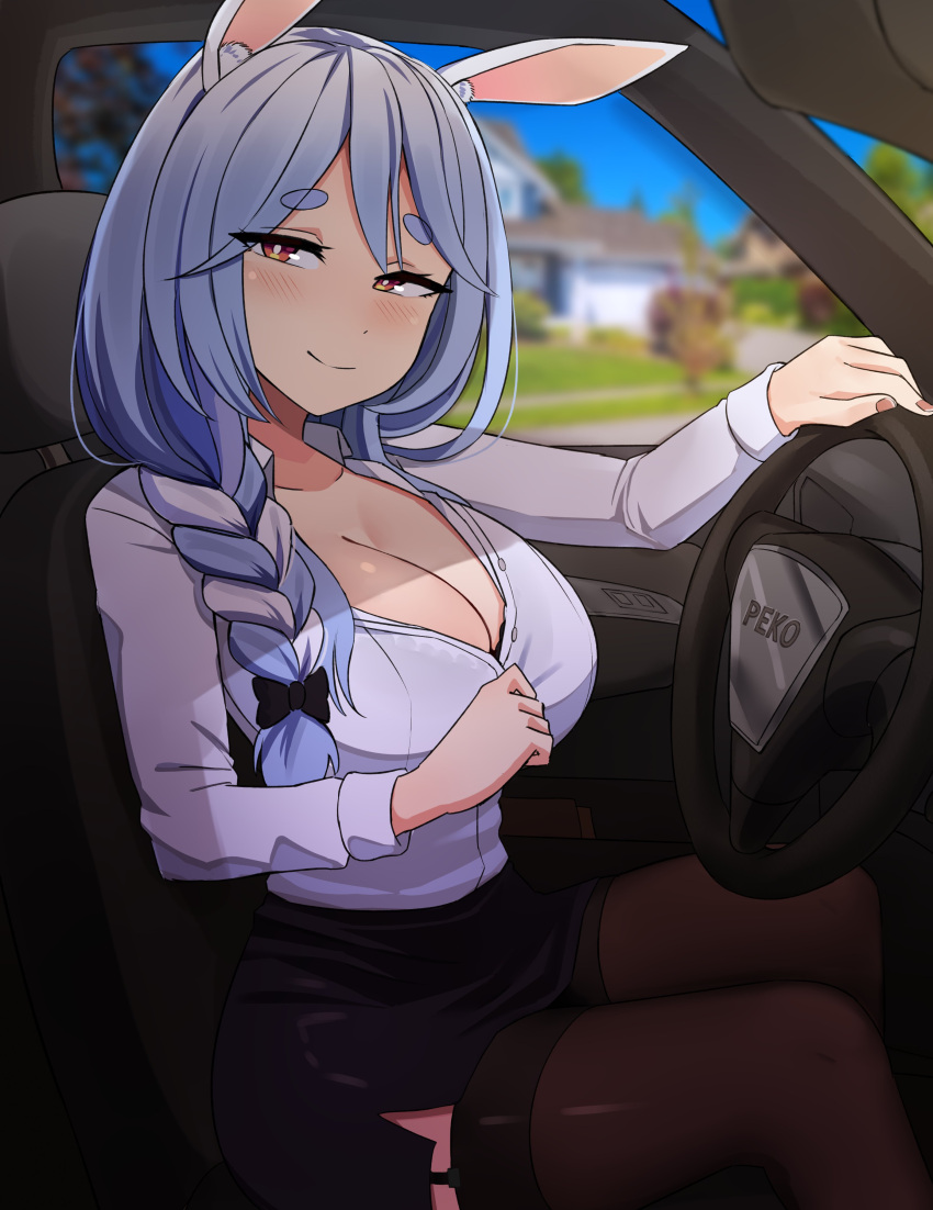 absurdres alternate_costume animal_ear_fluff animal_ears black_skirt blue_hair blush braid braided_ponytail breasts car car_interior cleavage commentary english_commentary female highres hololive large_breasts long_hair looking_at_viewer mature_female motor_vehicle multicolored_hair partially_unbuttoned pekomama pencil_skirt peps_art rabbit_ears rabbit_girl short_eyebrows skirt smile solo steering_wheel streaked_hair thick_eyebrows virtual_youtuber white_hair