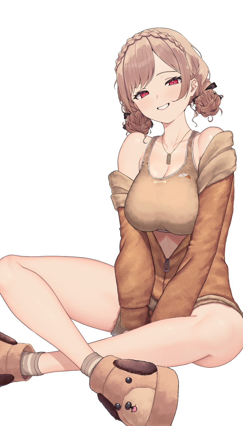 absurdres amatou_(ko_me_9) animal_print bare_shoulders between_legs braid breasts brown_footwear brown_hair brown_jacket brown_shorts brown_socks brown_sports_bra cleavage collarbone commentary_request cropped_legs crown_braid dog_tags female furen_e_lustario furen_e_lustario_(5th_costume) hand_between_legs highres jacket large_breasts looking_at_viewer midriff nijisanji parted_bangs red_eyes short_shorts shorts simple_background sitting smile socks solo sports_bra thighs virtual_youtuber white_background