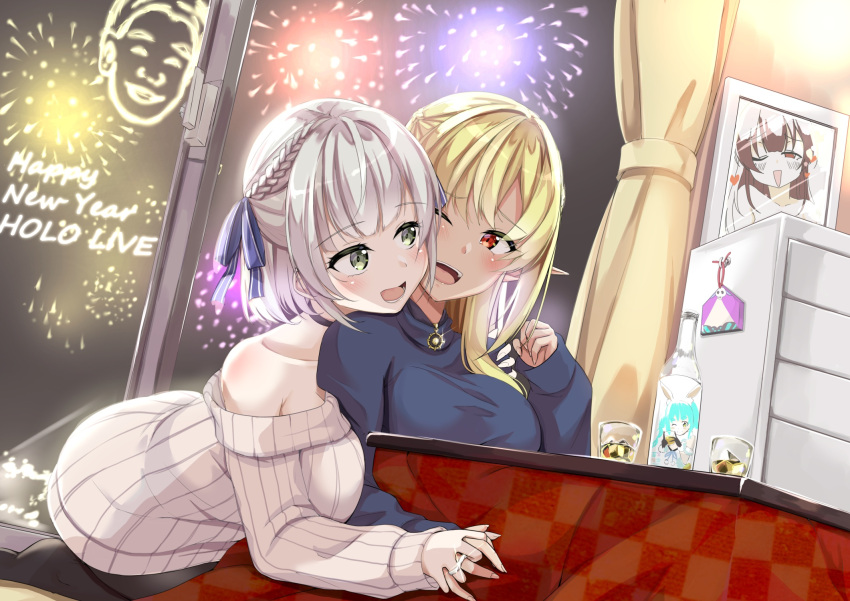 2girls aerial_fireworks alternate_costume blonde_hair blush braid breasts cameo cleavage couple dark-skinned_female dark_elf dark_skin elf ema fireworks green_eyes grey_hair hair_between_eyes hair_down highres holding_hands hololive houshou_marine indoors jewelry kotatsu large_breasts long_hair medium_hair multicolored_hair multiple_girls off-shoulder_sweater off_shoulder official_alternate_hair_length official_alternate_hairstyle open_mouth pointy_ears red_eyes ring ryuunagi_hyouga shiranui_flare shirogane_noel shirogane_noel_(casual) sidelocks smile snowflake_choker streaked_hair sweater table umeshu uruha_rushia usada_pekora virtual_youtuber wavy_hair wedding_ring white_hair white_sweater wife_and_wife yagoo yuri