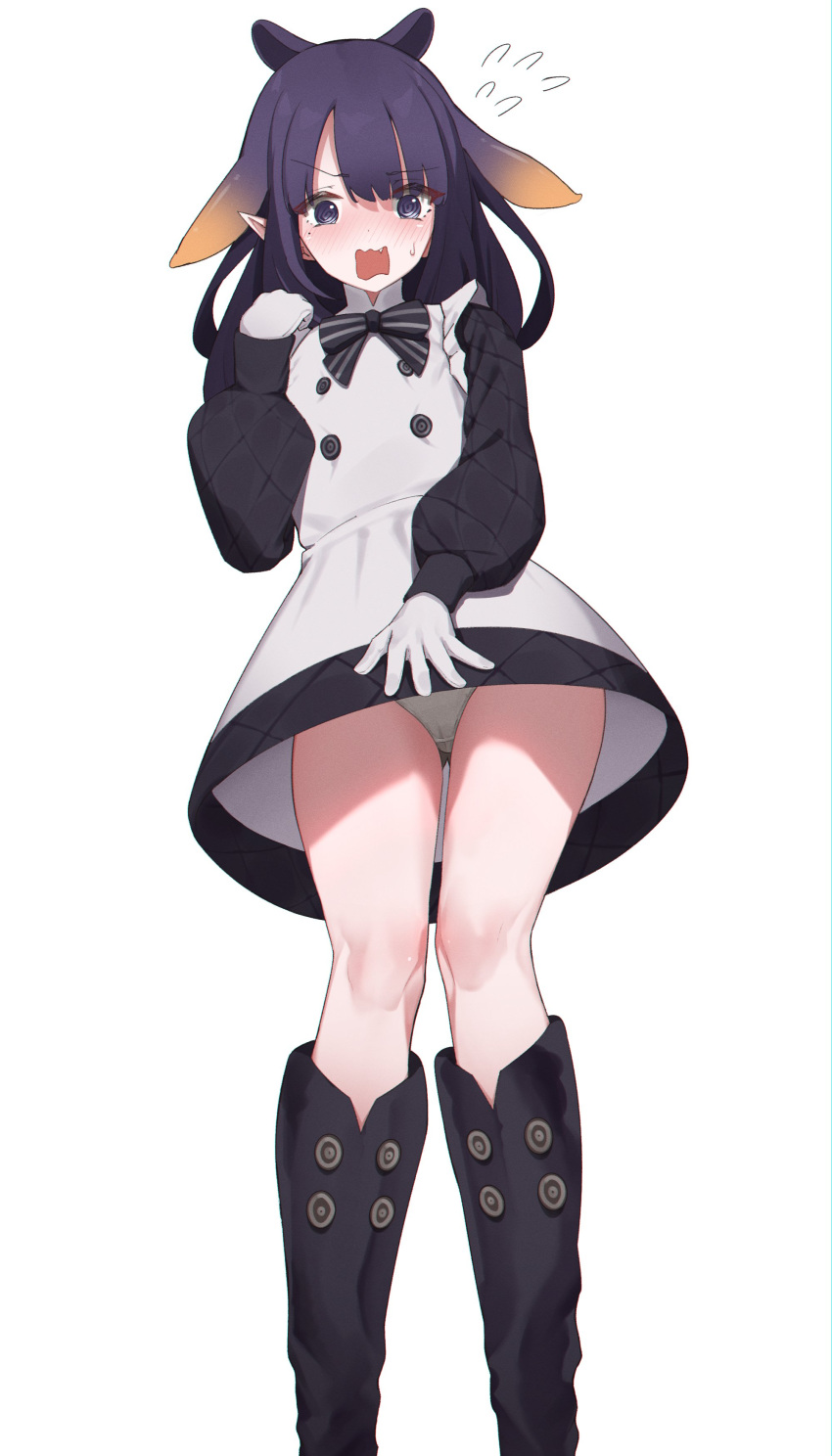 @_@ absurdres apron ass_visible_through_thighs black_dress black_footwear blush bow bowtie commentary dress female flying_sweatdrops from_below gloves highres hololive hololive_english knees long_hair long_sleeves looking_at_viewer mole mole_under_eye ninomae_ina'nis ninomae_ina'nis_(pastry_chef) official_alternate_costume open_mouth panties pointy_ears purple_eyes purple_hair raised_eyebrow skaarl_(artist) solo tentacle_hair underwear upskirt virtual_youtuber wavy_hair white_apron white_gloves