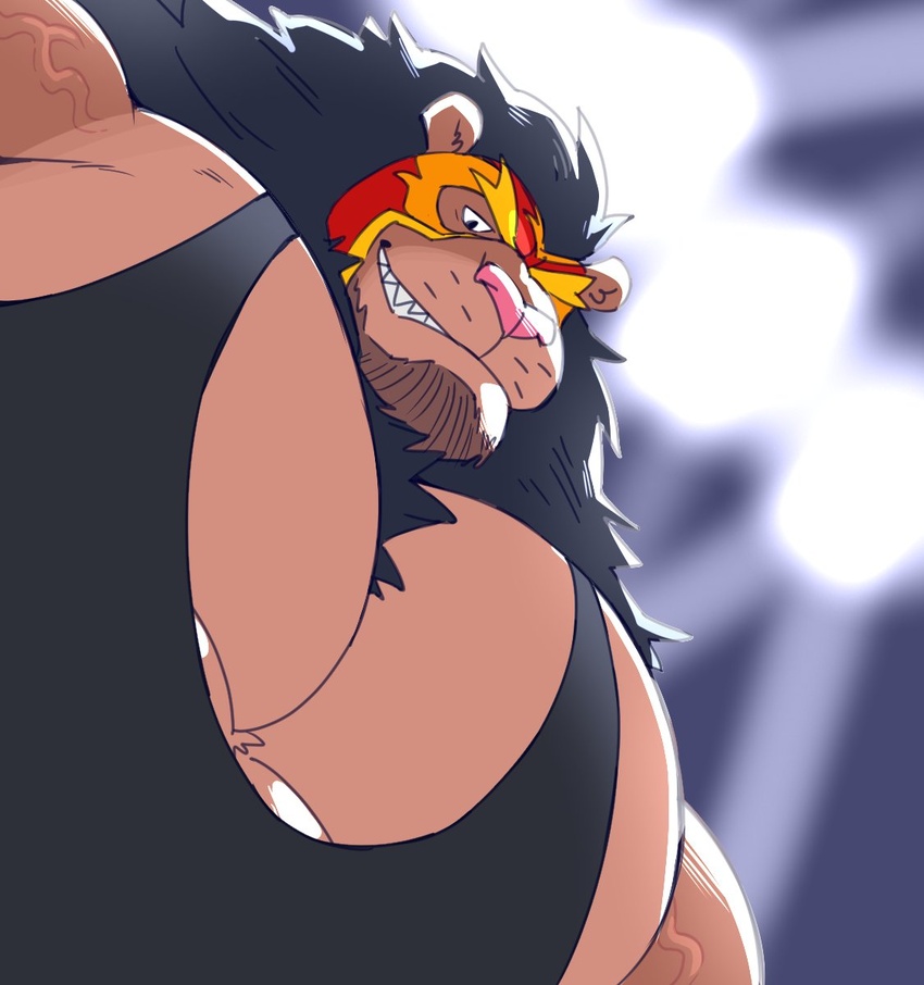 1boy animal_ears bara beard black_hair black_tank_top brown_fur chest_tuft facial_hair foreshortening from_below full_beard furry furry_male highres huge_pectorals lion_boy lion_ears looking_at_viewer looking_down male_focus mature_male meme muscular muscular_male original pectoral_cleavage pectoral_focus pectorals photo-referenced shane_(megawaffle) short_hair sidepec smirk solo spotlight tank_top thick_eyebrows upper_body wrestling_mask wrestling_outfit yur_oc_like_this_(meme)