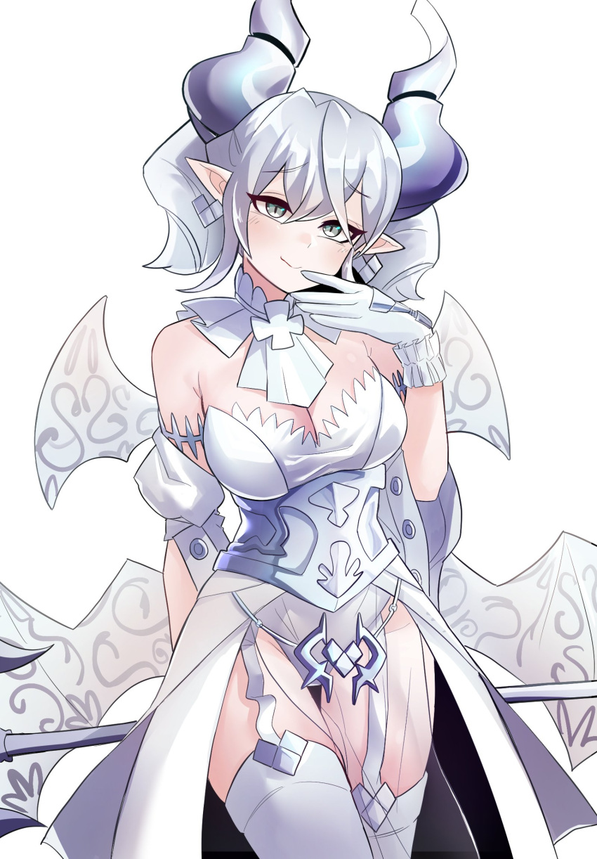 bare_shoulders breasts cleavage commentary_request cowboy_shot demon_girl demon_wings detached_collar dress duel_monster earrings female garter_straps gloves grey_eyes hair_between_eyes highres holding holding_weapon horns jewelry korean_commentary leotard light_smile lovely_labrynth_of_the_silver_castle low_wings pointy_ears showgirl_skirt slit_pupils solo strapless strapless_leotard sung08ko thighhighs twintails weapon white_background white_gloves white_hair white_horns white_wings wings yu-gi-oh!