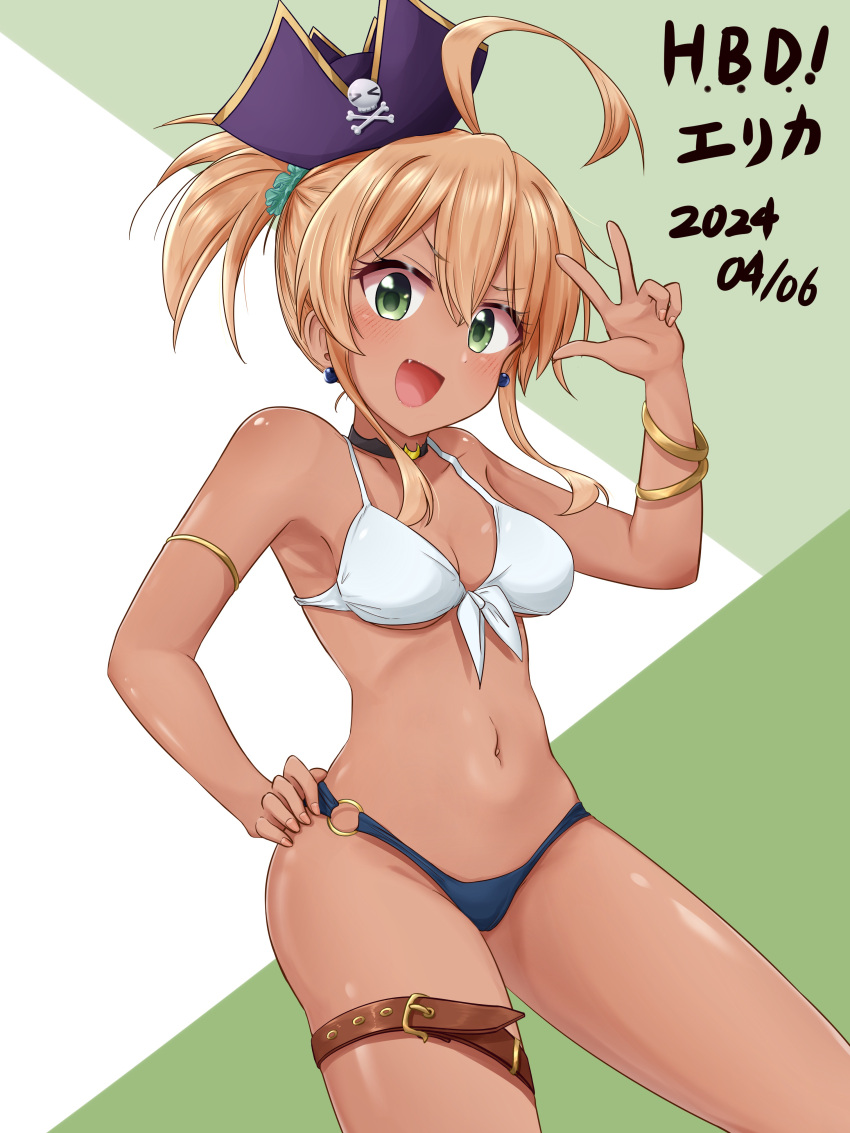 absurdres ahoge belt bikini blonde_hair breasts chotto_ippai! dark_skin female front-tie_bikini_top front-tie_top green_eyes gyaru hand_on_own_hip happy_birthday hat highres hoshino_erika_(chotto_ippai!) looking_at_viewer medium_breasts medium_hair mismatched_bikini o-ring o-ring_bottom pirate_hat ponytail smile solo swimsuit thigh_belt thigh_strap vietneko w