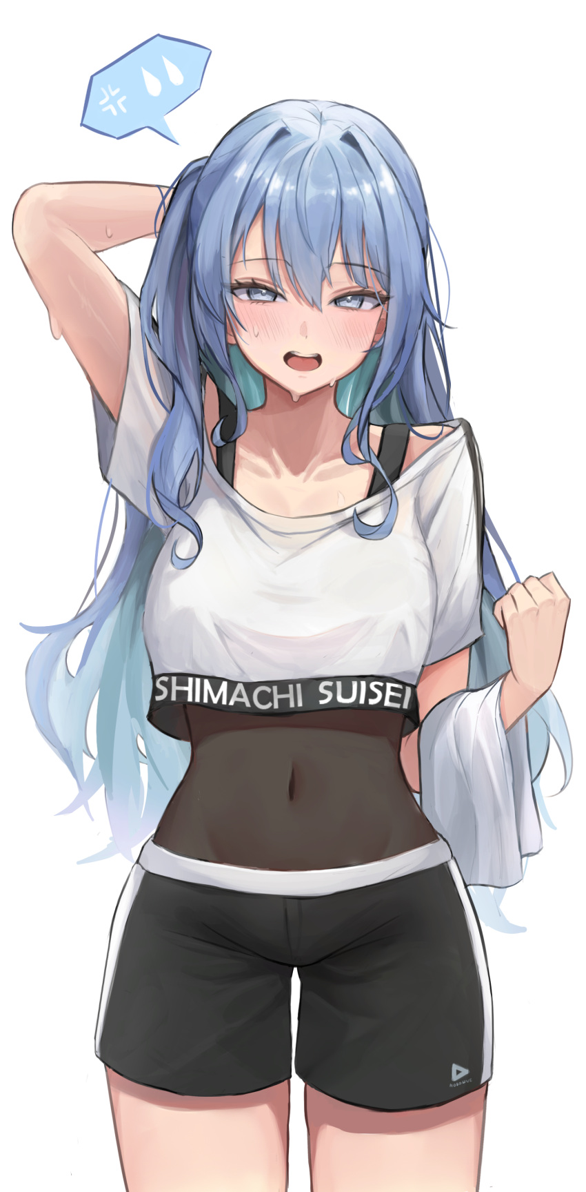 :d absurdres anger_vein aqua_hair arm_up bare_shoulders black_leotard black_shorts blue_eyes blue_hair blush breasts character_name clothes_writing collarbone colored_inner_hair covered_navel cowboy_shot crop_top crop_top_overhang cropped_shirt female gym_shorts hair_between_eyes hair_intakes hand_in_own_hair hand_up highres hoangryu hololive hololive_dance_practice_uniform hoshimachi_suisei legs_apart leotard leotard_under_clothes looking_at_viewer multicolored_hair off_shoulder official_alternate_costume open_mouth shirt shorts simple_background small_breasts smile solo spoken_anger_vein spoken_sweatdrop straight-on sweat sweatdrop teeth thighs towel_on_arm upper_teeth_only virtual_youtuber white_background white_shirt