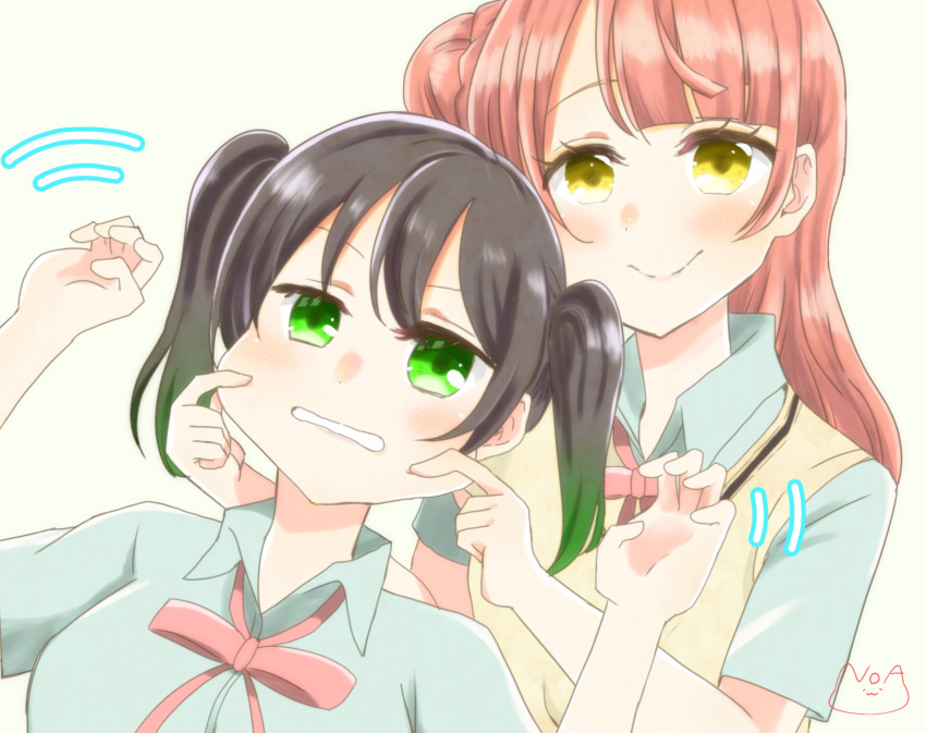 2girls absurdres annoyed arms_up beige_sweater black_hair blue_shirt blunt_bangs blush bow bowtie cheek_pinching cheek_pull collared_shirt dress_shirt gradient_hair green_eyes green_hair hair_bun hands_up happy highres love_live! love_live!_nijigasaki_high_school_idol_club multicolored_hair multiple_girls noanekosan open_mouth pinching pink_bow pink_bowtie red_hair shirt short_hair short_sleeves short_twintails simple_background single_hair_bun single_side_bun sleeveless sleeveless_sweater smile sweater sweater_vest takasaki_yu teeth twintails two-tone_hair two_side_up uehara_ayumu v_arms yellow_eyes