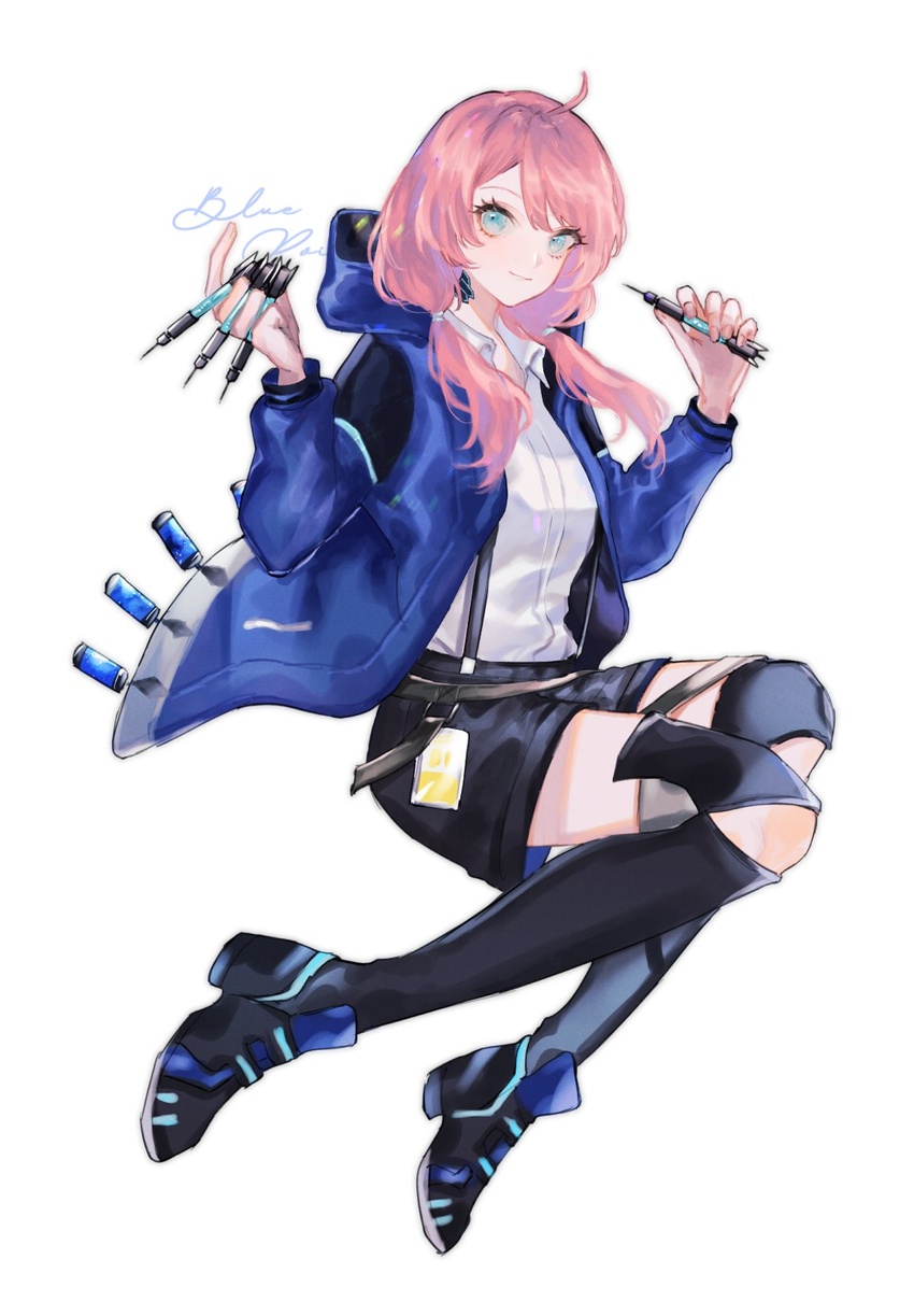 arknights blue_hoodie blue_jacket blue_poison_(arknights) blue_poison_(elite_ii)_(arknights) breasts coat commentary_request female full_body gu_(gu_da_yo) highres hood hooded_jacket hoodie jacket long_hair low_twintails open_clothes open_jacket pink_hair shirt shorts simple_background smile solo twintails white_background