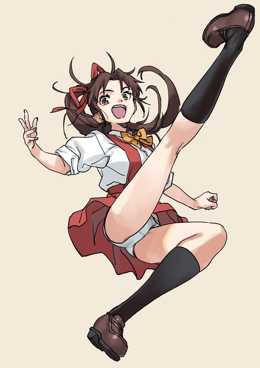 :d black_socks bow brown_background brown_bow brown_eyes brown_footwear brown_hair collared_shirt commentary_request commission female full_body hair_ribbon highres kanose_tomoe loafers looking_at_viewer panties pleated_skirt ponytail puffy_short_sleeves puffy_sleeves red_ribbon red_skirt ribbon sameda_koban shin_mikagura_shoujo_tanteidan shirt shoes short_sleeves simple_background skirt smile socks solo suspender_skirt suspenders underwear white_panties white_shirt