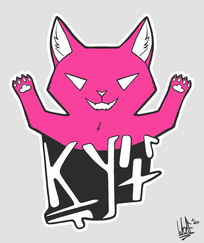 2020 4_fingers absurd_res ambiguous_gender anthro colored digital_media_(artwork) felid feline fingers fur hi_res mammal open_mouth pink_body shadow signature simple_background smile solo sticker teeth white_eyes wolfarion