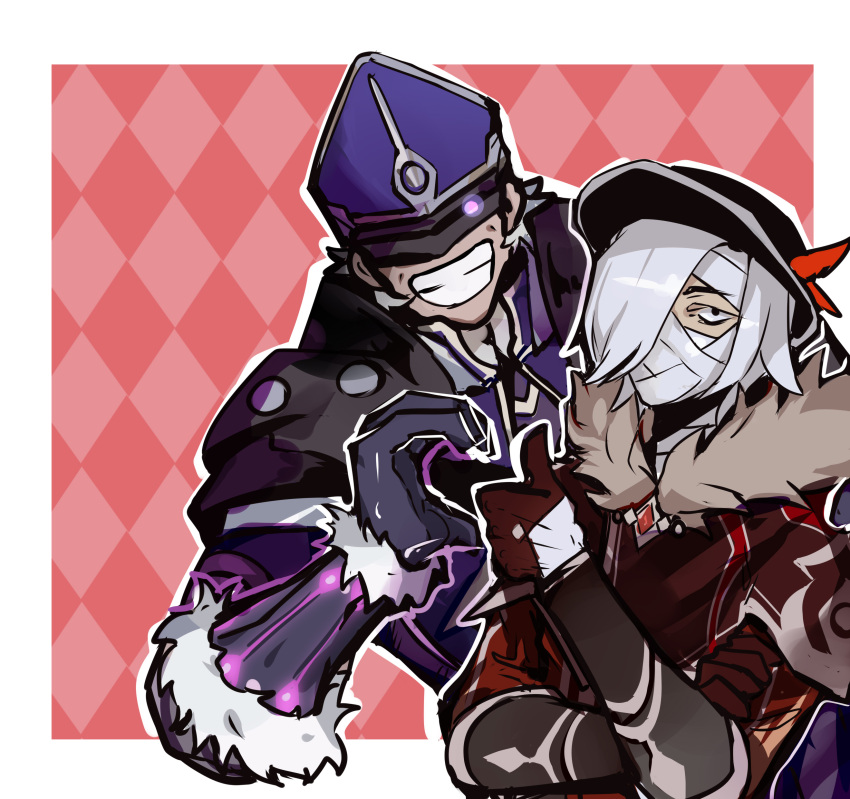 2boys absurdres argyle_background armor bandaged_head bandages black_gloves black_headwear border diamond_(shape) electrohammer_vanguard_(genshin_impact) fedora fur-trimmed_gloves fur-trimmed_jacket fur_trim gablya1 genshin_impact gloves glowing glowing_eye grey_hair grin hat heart heart_hands heart_hands_failure highres jacket male_focus mask mitre multiple_boys one_eye_covered outline outside_border pauldrons purple_headwear pyroslinger_bracer_(genshin_impact) red_background red_gloves red_jacket sanpaku shoulder_armor sidelocks smile teeth thick_eyebrows thumbs_up upper_body vambraces white_border white_hair white_outline