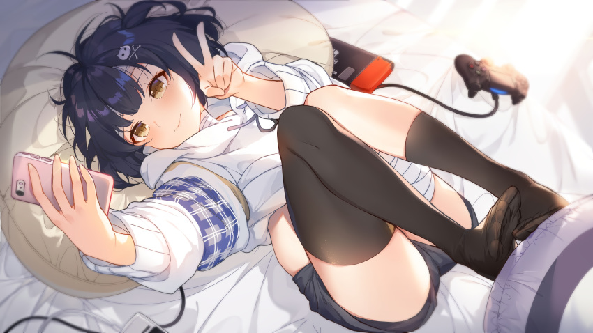 bed phone short_hair shorts slyvia thighhighs