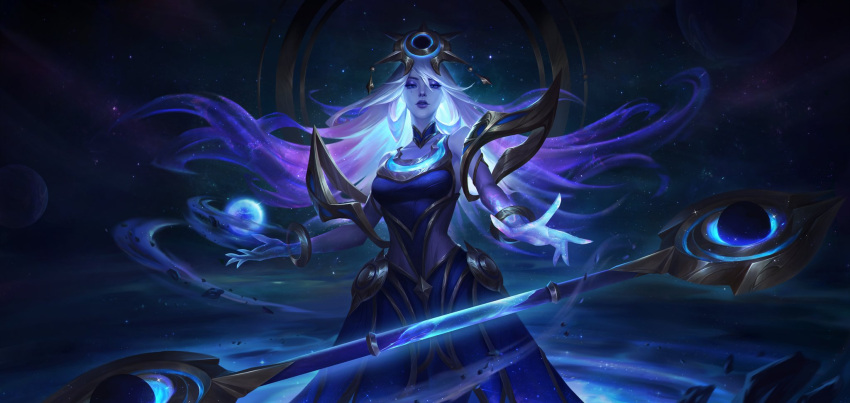 blue_dress blue_eyes blue_eyeshadow blue_hair bracelet breasts colored_skin cosmic_lux cropped dress dust eyeshadow female floating_hair gradient_background grey_hair hair_ornament highres in_orbit jewelry large_breasts league_of_legends light long_hair looking_at_viewer lux_(league_of_legends) magic makeup mole mole_under_eye object_floating_above_hand orbited outstretched_arm parted_bangs parted_lips planet rock sky sleeveless sleeveless_dress solo space standing star_(sky) starry_sky third-party_edit third-party_source wand zsanyang