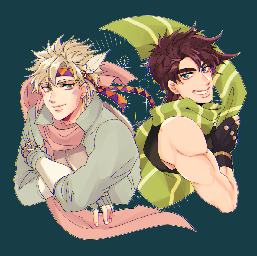 2boys artist_name battle_tendency black_gloves black_shirt blonde_hair blue_background blue_eyes blue_gloves brown_hair caesar_anthonio_zeppeli chromatic_aberration commentary facial_mark feather_hair_ornament feathers fingerless_gloves gloves green_eyes green_scarf grin hair_ornament headband highres jacket jojo_no_kimyou_na_bouken joseph_joestar joseph_joestar_(young) kogatarou long_sleeves looking_at_another male_focus multiple_boys muscular muscular_male pink_scarf scarf shirt short_hair signature simple_background smile sparkle thick_eyebrows upper_body