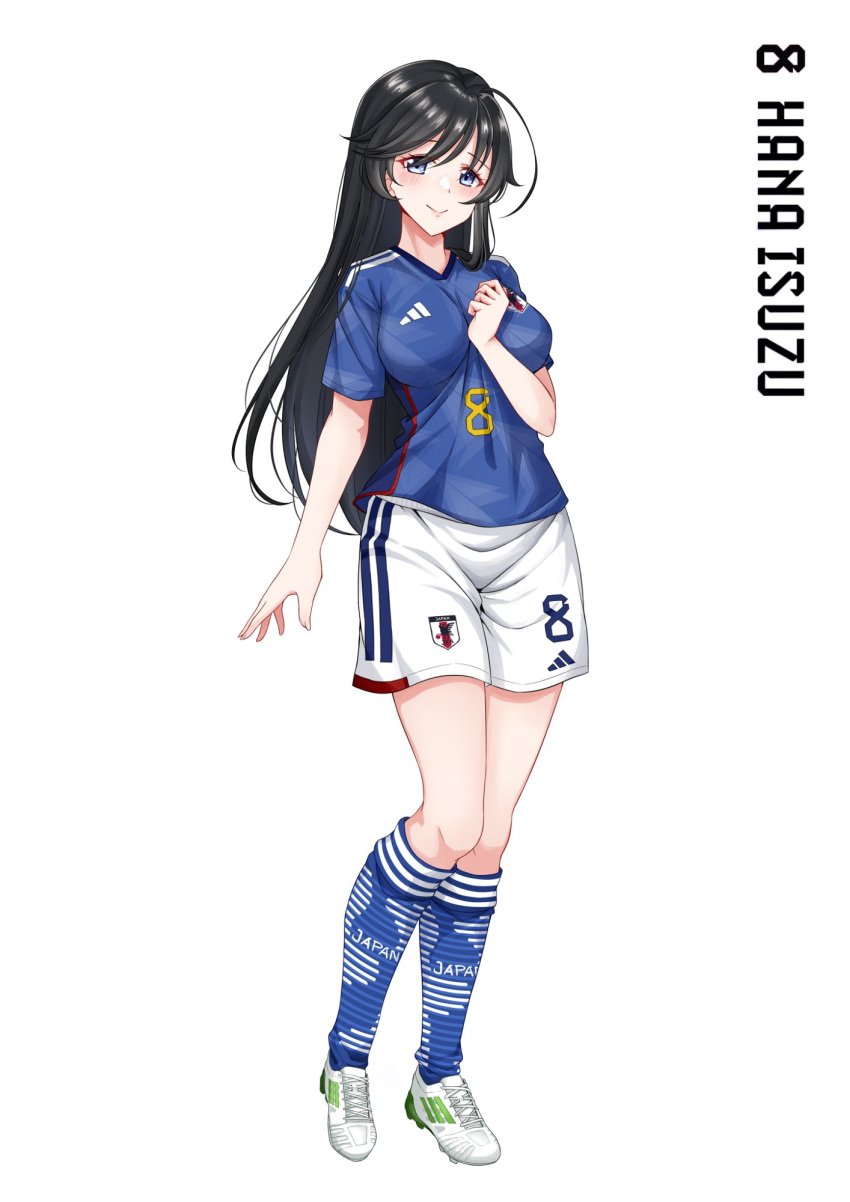 ahoge black_hair blue_eyes blue_shirt blue_socks breasts character_name commission english_commentary female full_body girls_und_panzer highres isuzu_hana kneehighs long_hair looking_at_viewer rynn_(darknescorez) second-party_source shirt shoes short_sleeves shorts simple_background smile soccer_uniform socks solo sportswear standing white_background white_footwear white_shorts