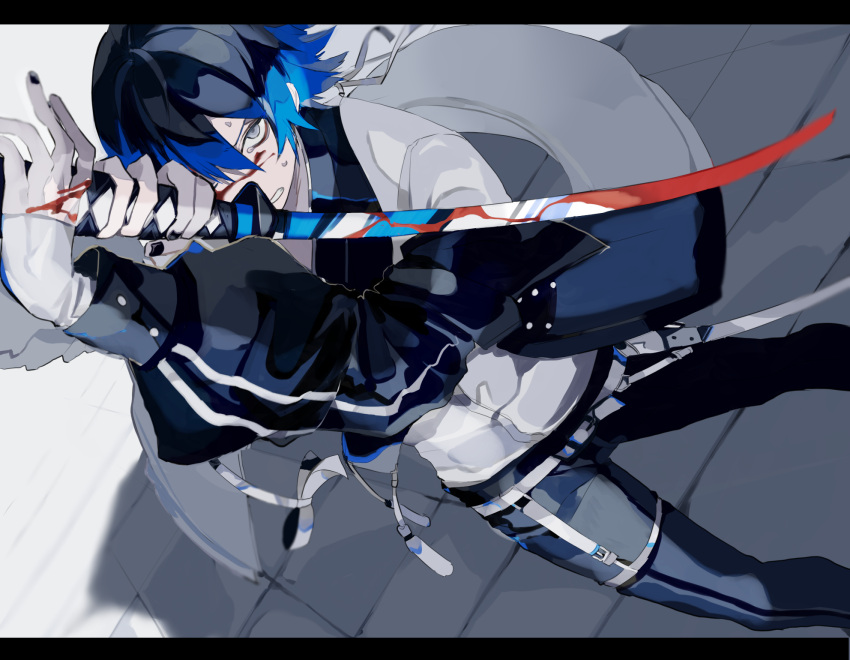 1boy black_hair black_pants blood blood_on_face blood_on_weapon blue_hair cowboy_shot fighting_stance grey_eyes hair_over_one_eye highres holding holding_sword holding_weapon jacket katana kushiro_kuki long_sleeves looking_at_viewer male_focus multicolored_hair original pants shirt solo standing sweat sword two-tone_hair weapon white_jacket white_shirt