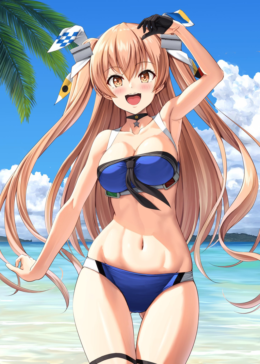 :d arm_up armpits ass_visible_through_thighs bikini black_choker black_gloves blue_bikini blue_sky blush breasts brown_eyes choker cleavage cloud collarbone female gloves hair_between_eyes hair_ornament headgear highres ichikawa_feesu johnston_(kancolle) johnston_kai_(swimsuit_mode)_(kancolle) kantai_collection large_breasts light_brown_hair long_hair looking_at_viewer medium_breasts navel ocean official_alternate_costume open_mouth outdoors palm_leaf single_glove sky smile solo star_(symbol) star_choker swimsuit two_side_up water