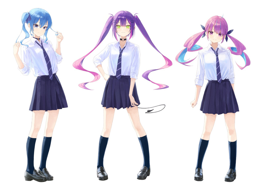 3girls alternate_costume black_choker blue_eyes blue_hair blue_ribbon blue_skirt blue_socks choker closed_mouth collared_shirt colored_inner_hair demon_tail full_body green_eyes hair_ribbon highres hololive hoshimachi_suisei kneehighs long_hair looking_at_viewer makimaki_makky7 medium_hair minato_aqua multicolored_hair multiple_girls necktie pink_hair pleated_skirt purple_eyes purple_hair ribbon shirt shoes side_ponytail simple_background skirt socks standing startend_(hololive) striped_necktie tail tokoyami_towa twintails two-tone_hair very_long_hair virtual_youtuber white_background white_shirt