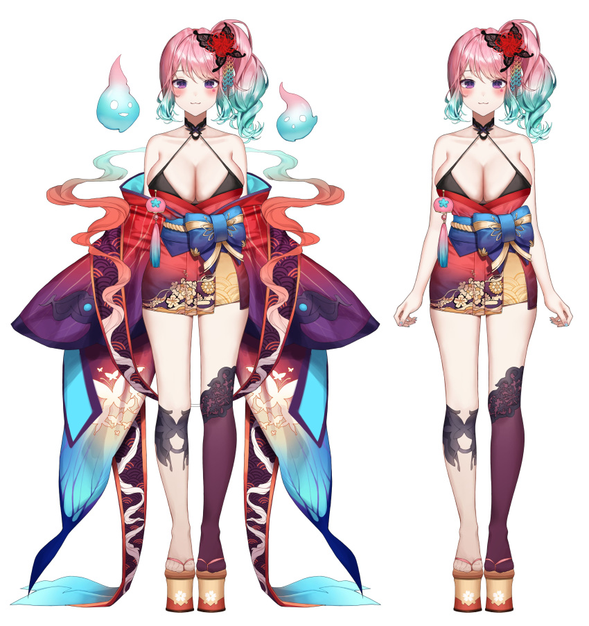 :3 absurdres aqua_hair aqua_nails arms_at_sides bad_id bad_twitter_id bare_shoulders blush breasts cleavage closed_mouth collarbone facial_mark female full_body geta ghost gradient_hair hair_ornament highres hitodama japanese_clothes kimono large_breasts long_sleeves looking_at_viewer lumilive medium_hair meoyo multicolored_hair multiple_views nail_polish obi off_shoulder official_art okobo pink_hair purple_eyes purple_thighhighs reiyu_guigui sandals sash side_ponytail simple_background single_thighhigh smile standing star_(symbol) star_facial_mark swept_bangs thighhighs toes virtual_youtuber white_background wide_sleeves